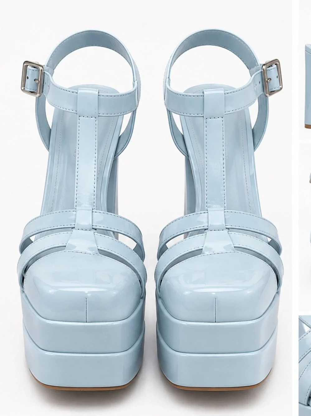 Platform T-Strap High Heel Sandals in Light Blue
